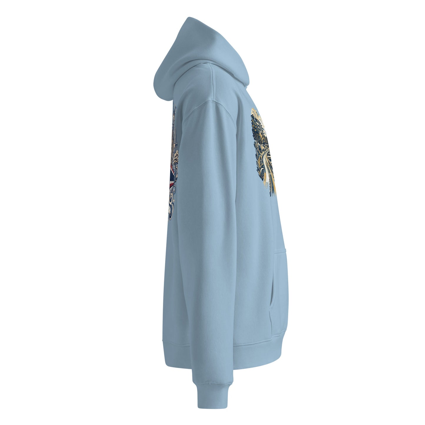 Light blue oversized hoodie with hood and front sleeve pyramid graphic detail.