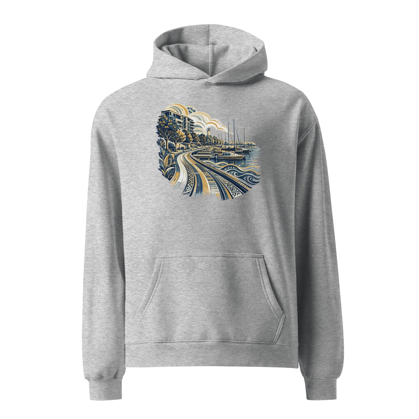 Oversized light gray heather hoodie with front pocket and skyline graphic on chest