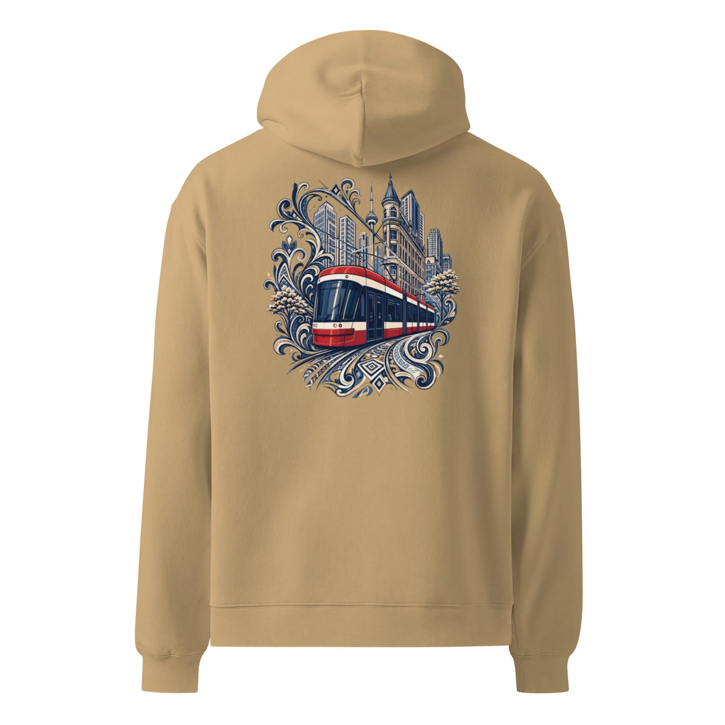 Clay oversized hoodie with back graphic of castle and ornate blue scroll