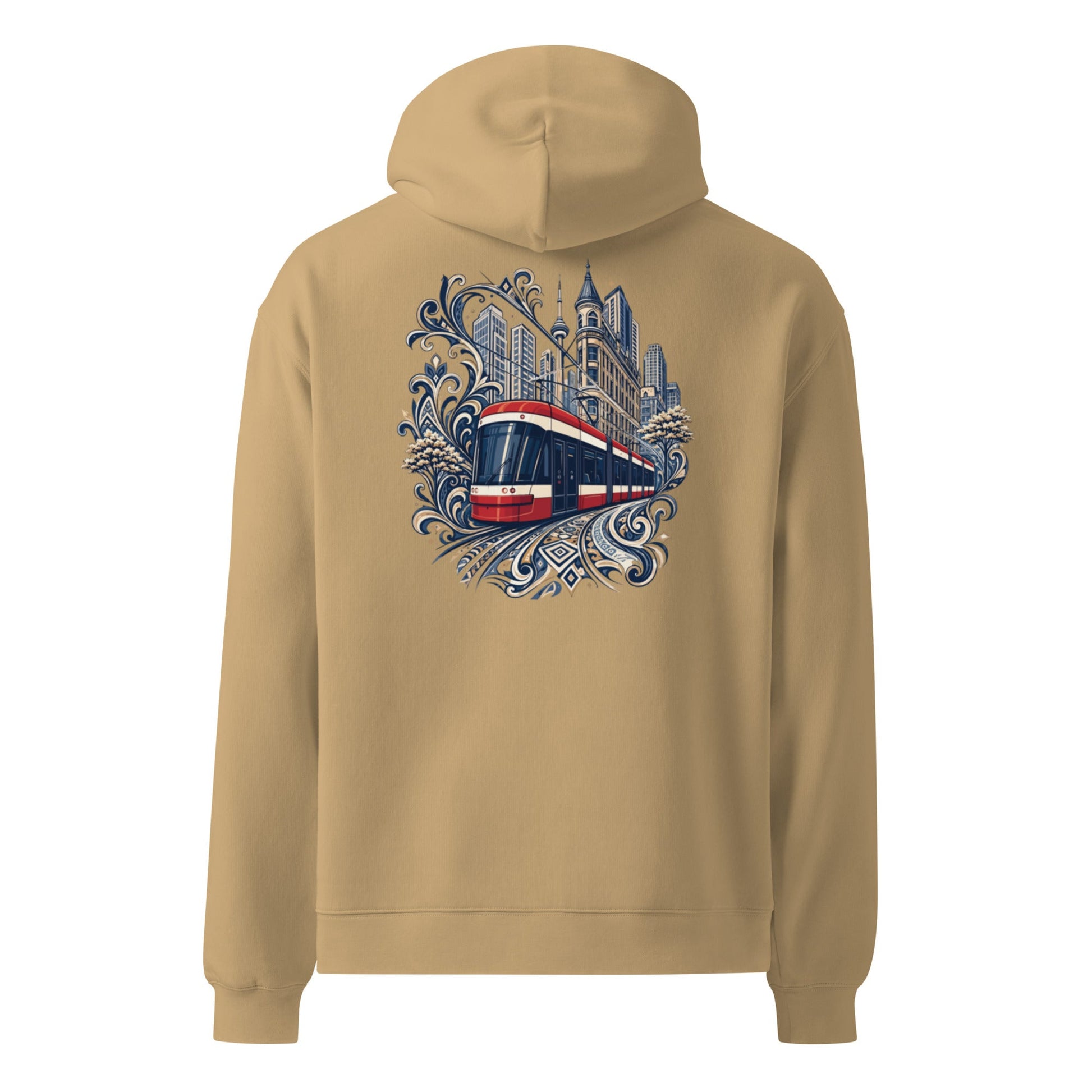 Clay oversized hoodie with back graphic of castle and ornate blue scroll