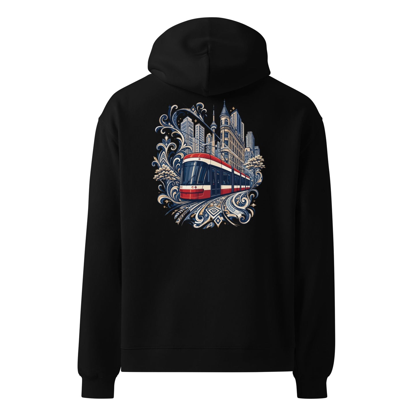 Oversized black hoodie with front pocket and skyline graphic on back