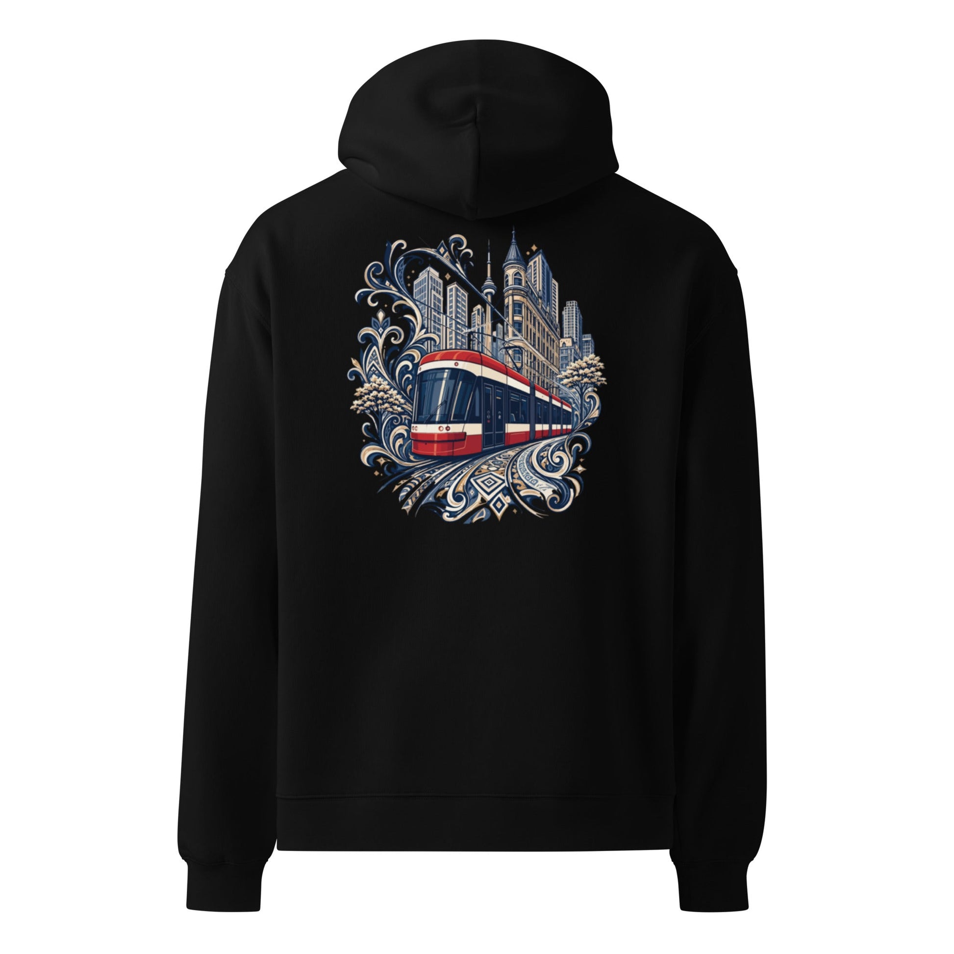 Oversized black hoodie with front pocket and skyline graphic on back