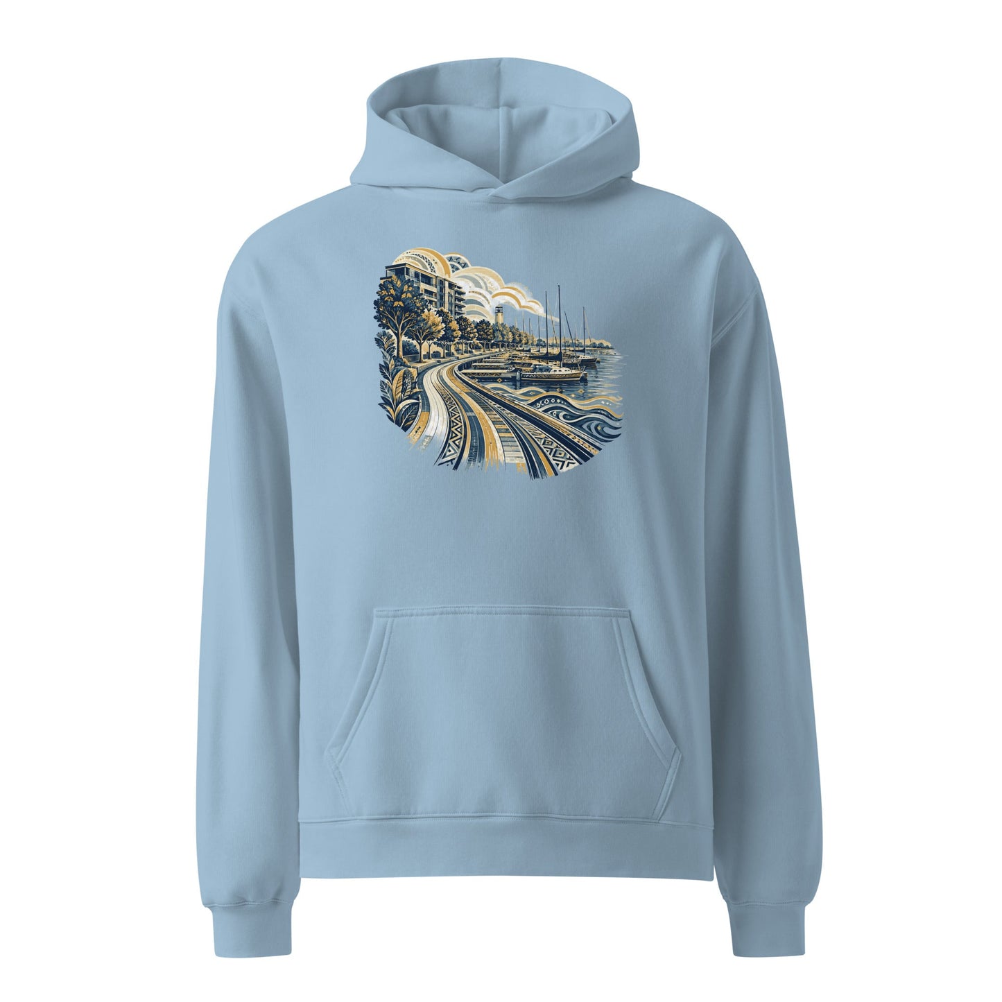 Oversized light blue hoodie with front pocket and winding-road skyline graphic on chest