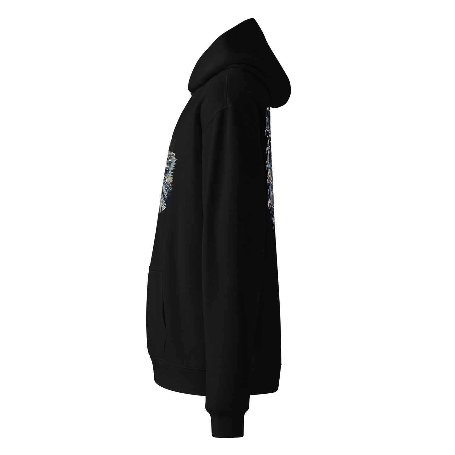 Oversized black hoodie, side view with partial sleeve graphic and front pocket