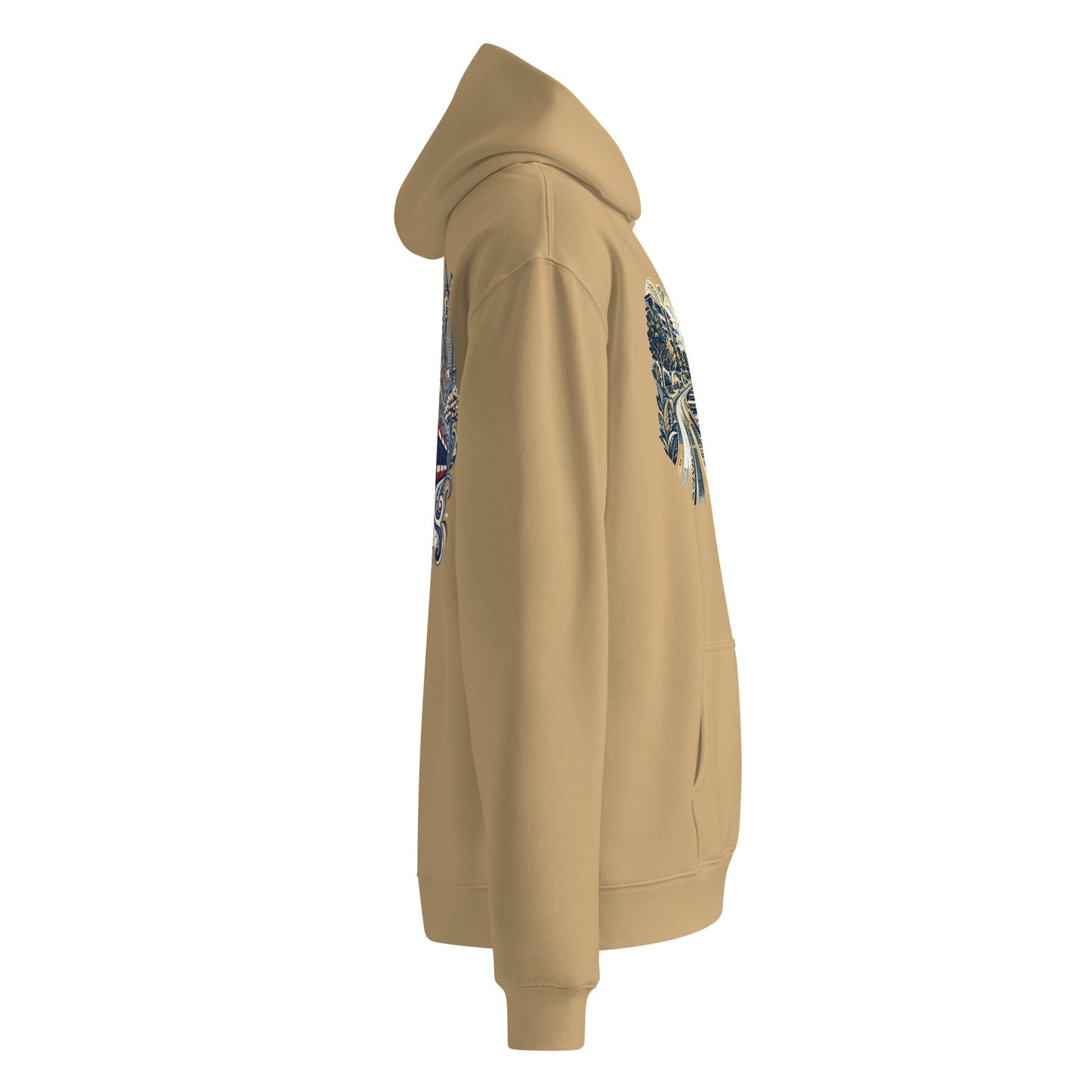 Clay oversized hoodie, side/back view, with vertical blue graphic on arm