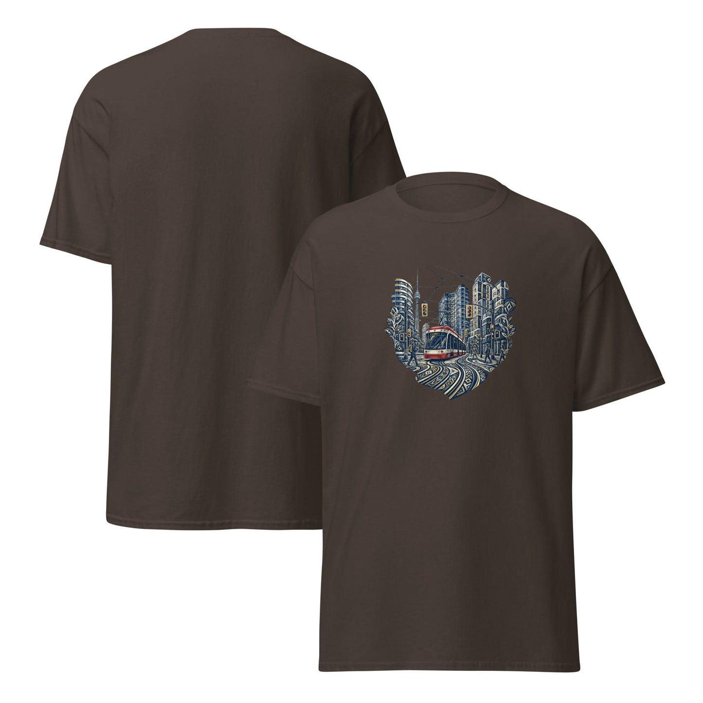 Classic tee in dark brown with front skyline hand graphic print