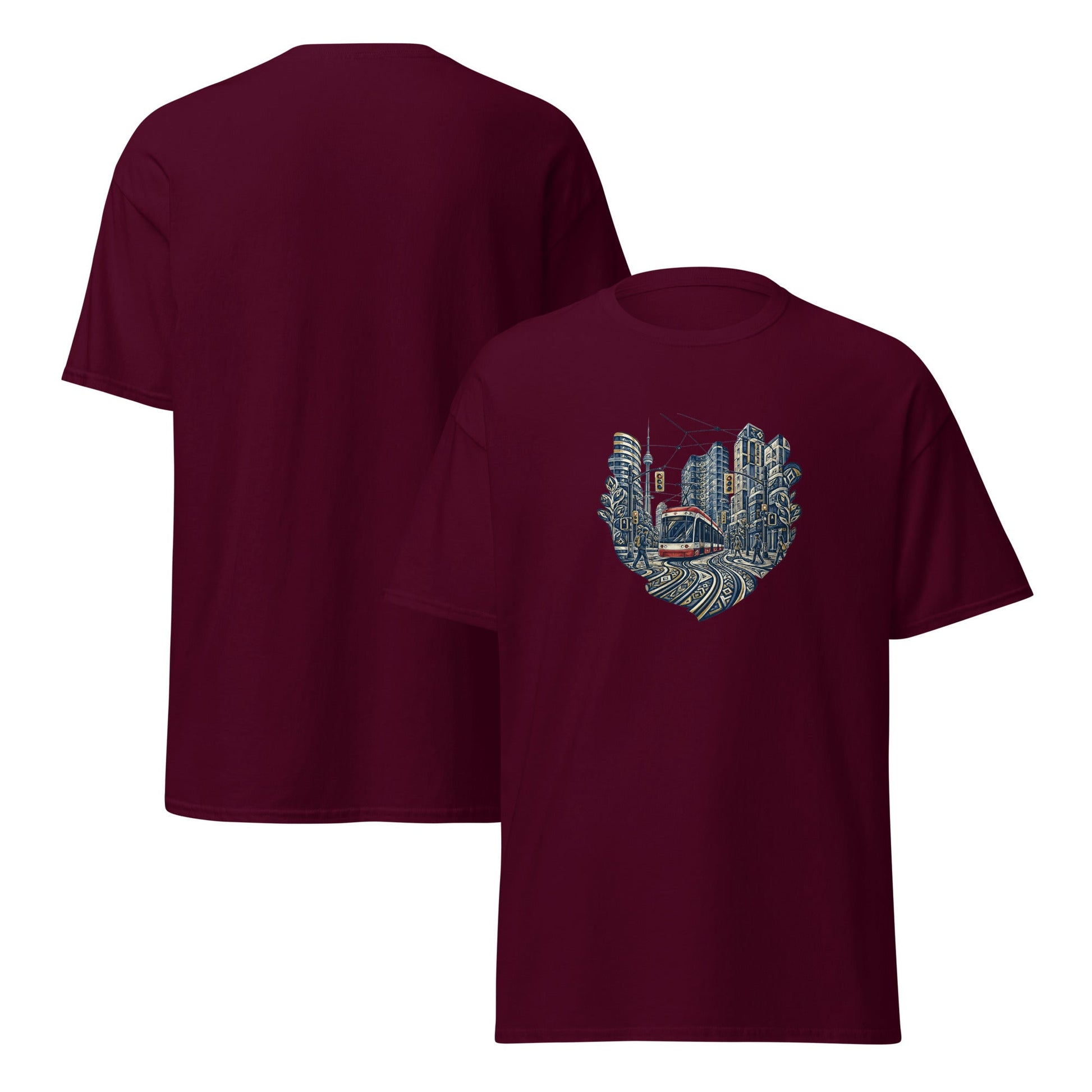 Maroon short-sleeve crewneck T-shirt with North Pyramids hand graphic