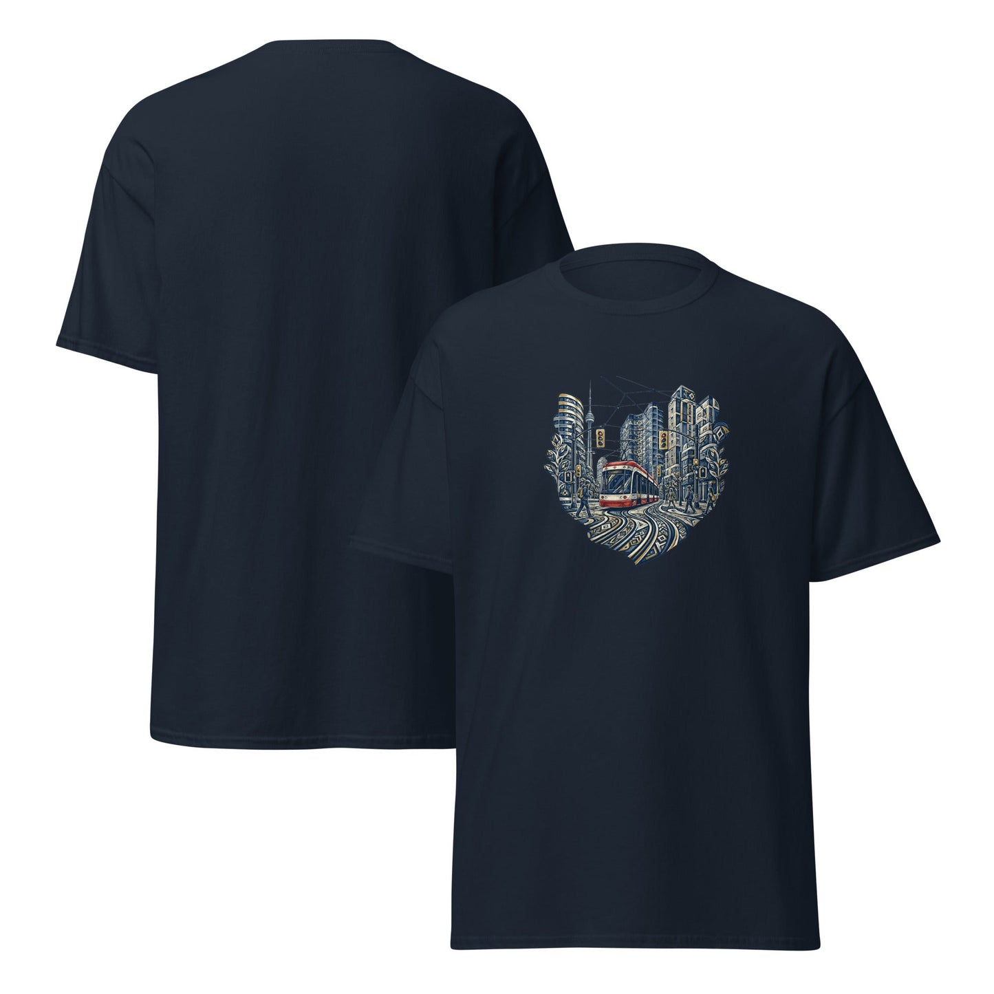 Navy short-sleeve classic tee with back city skyline graphic