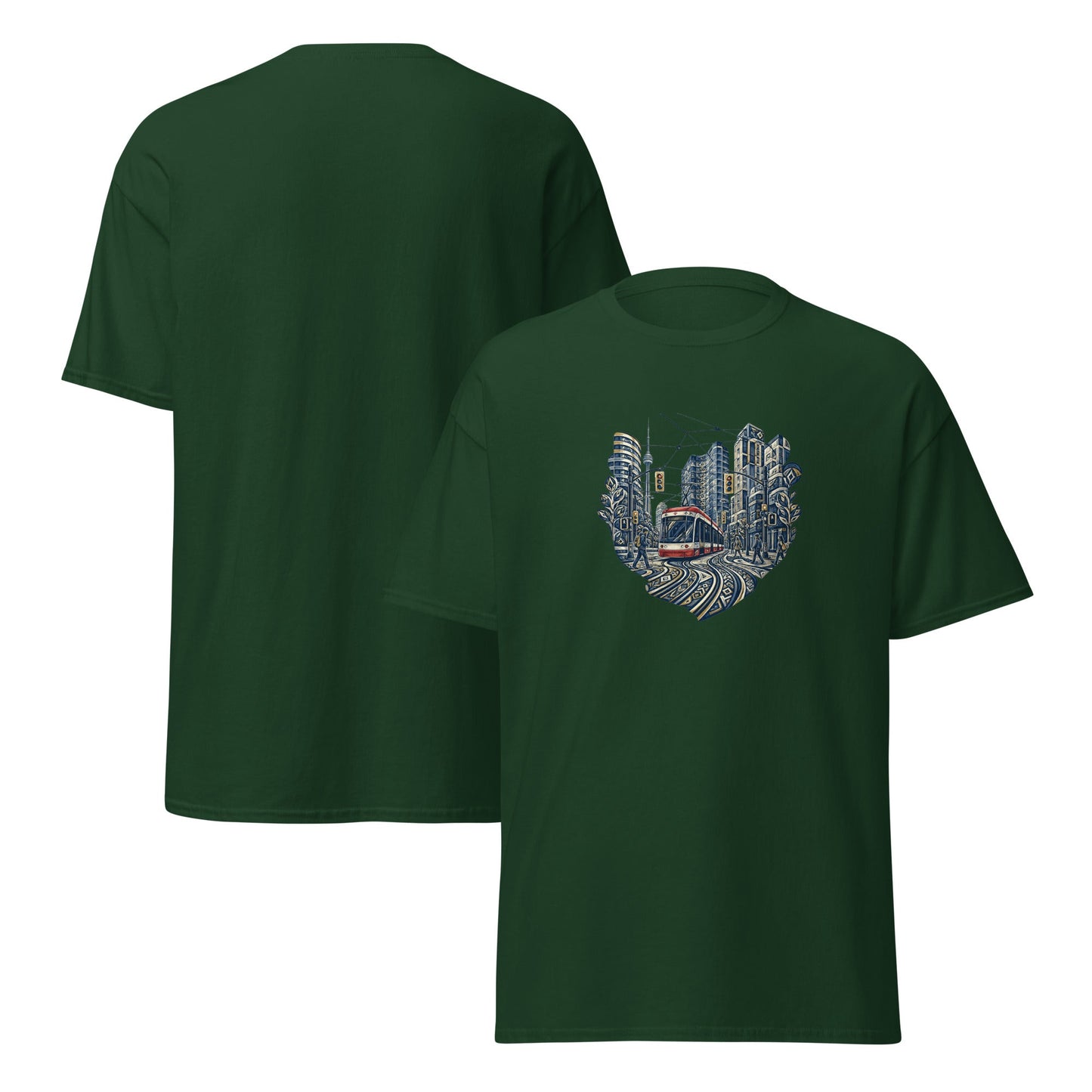 Forest green crewneck short-sleeve T-shirt with city graphic