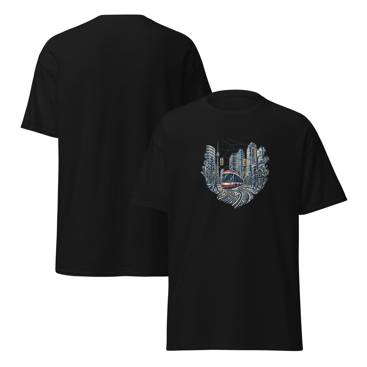Black crewneck short-sleeve T-shirt with graphic on back and front
