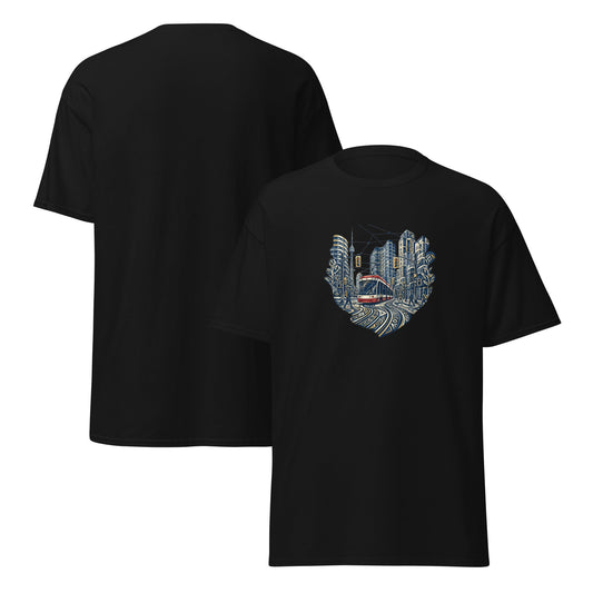 Black crewneck short-sleeve T-shirt with graphic on back and front