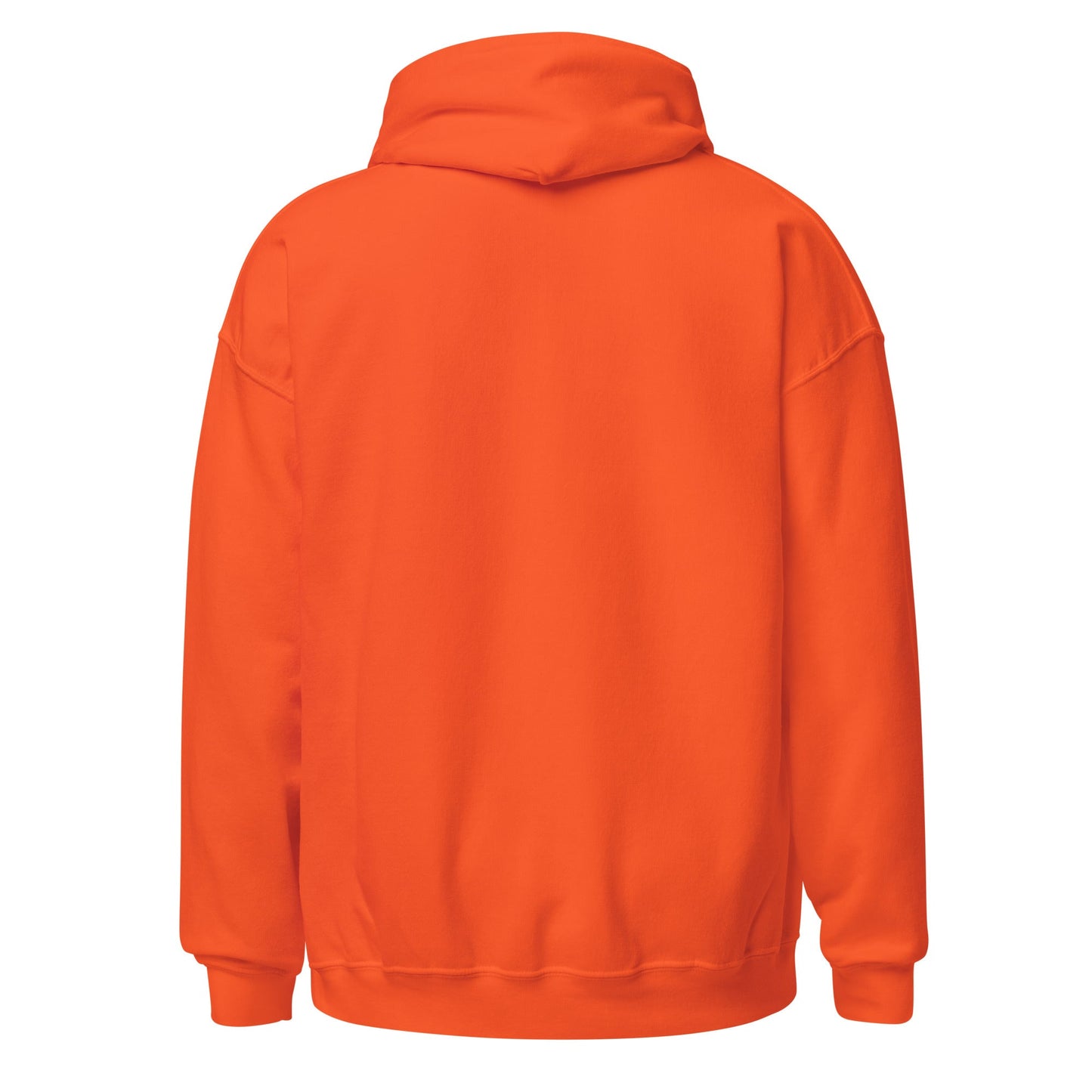 Orange pullover hoodie with hood, plain back view, ribbed cuffs and hem