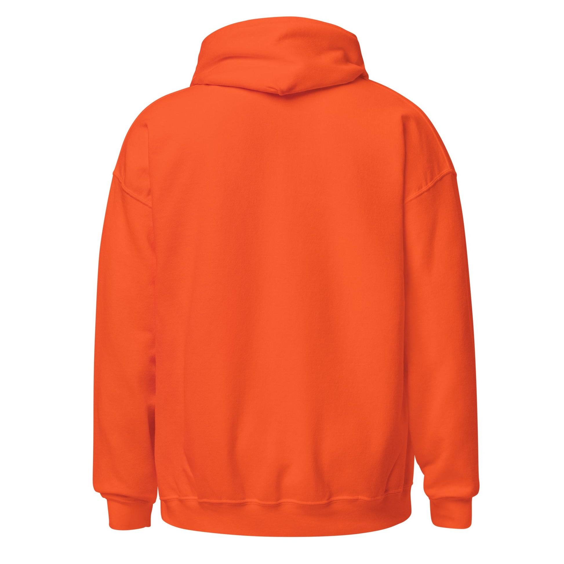 Orange pullover hoodie with hood, plain back view, ribbed cuffs and hem