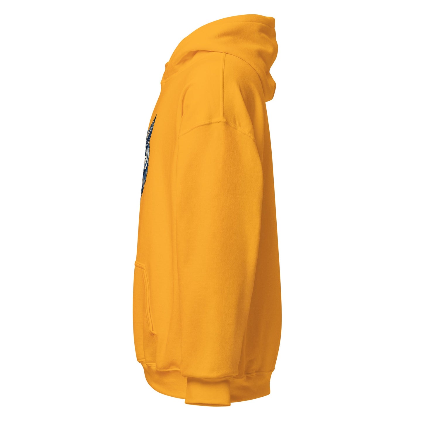 Gold pullover hoodie with hood, side view, ribbed cuffs and hem