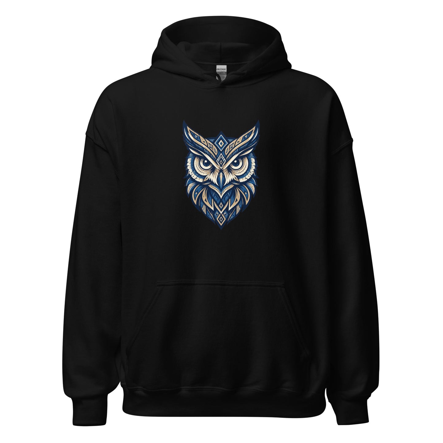 Black hoodie with front tribal owl graphic, kangaroo pocket and hood