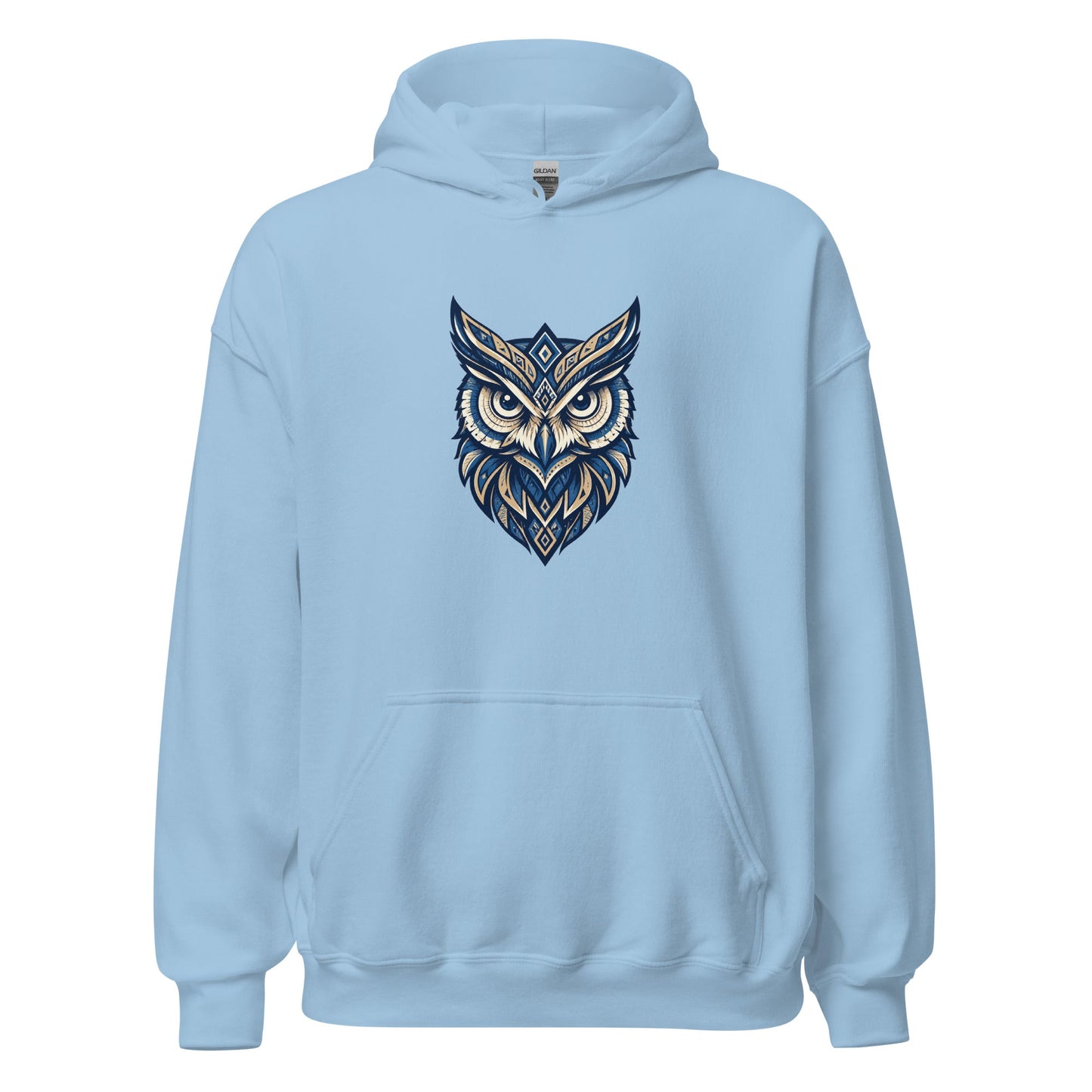 Light blue hoodie with front tribal owl graphic, kangaroo pocket and hood