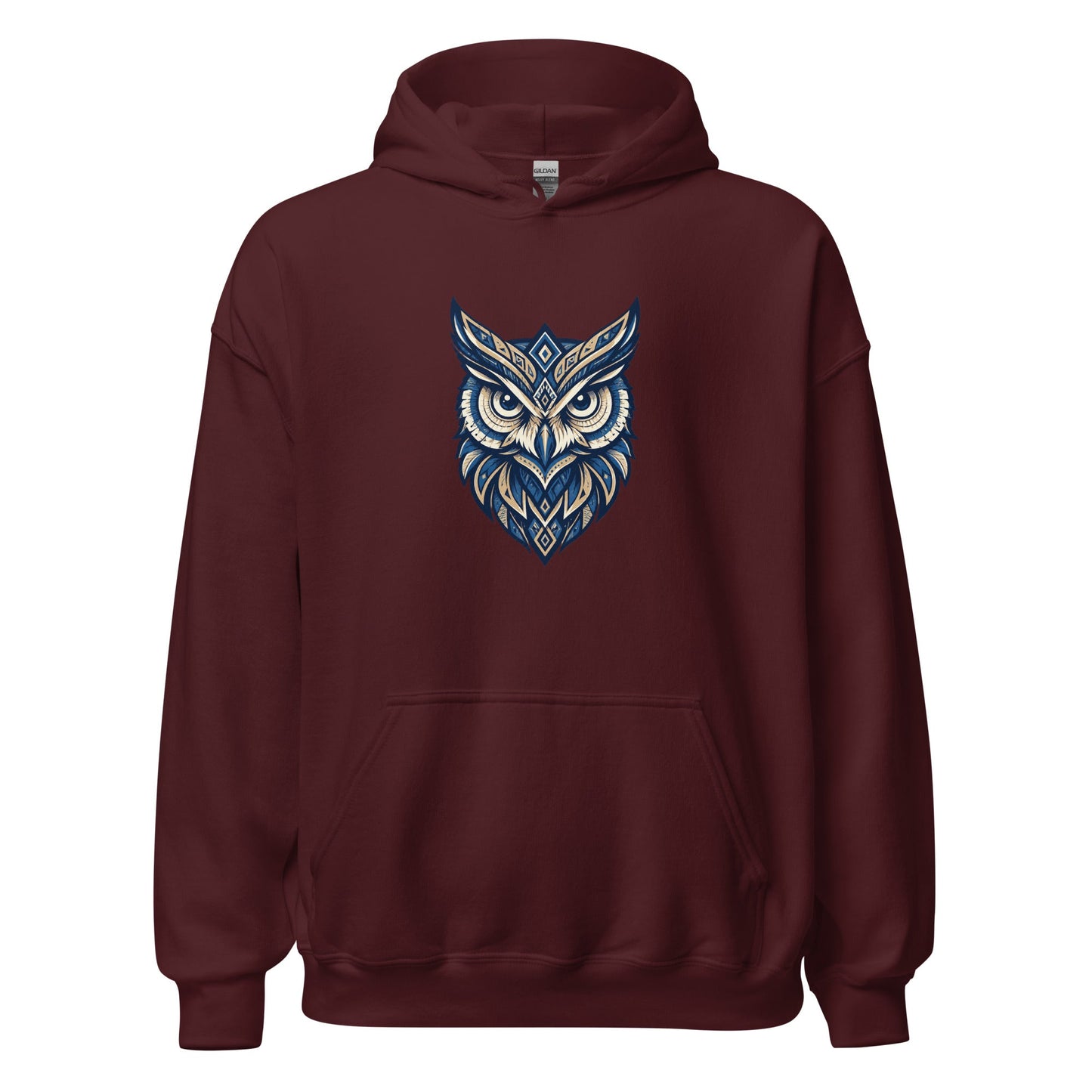 Maroon hoodie with front tribal owl graphic, kangaroo pocket and hood