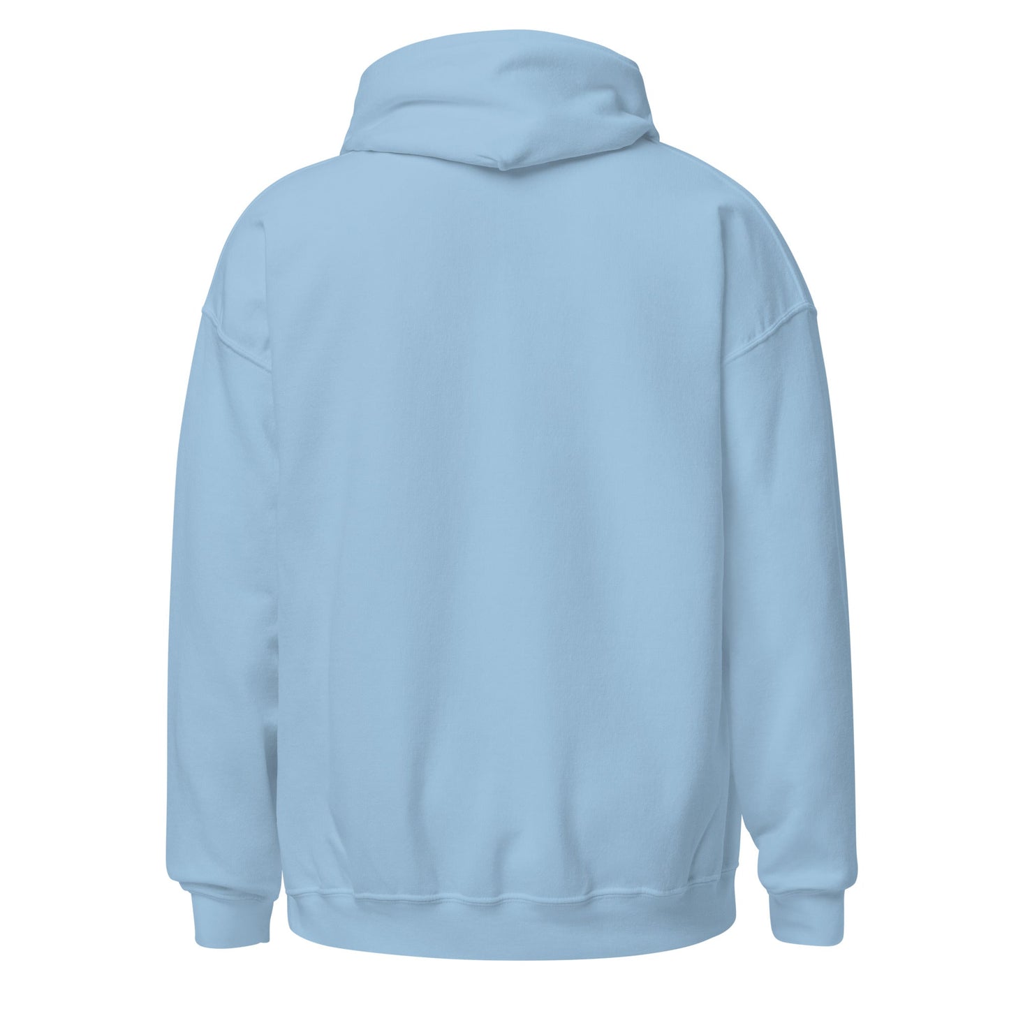 Light blue pullover hoodie with hood, plain back view, ribbed cuffs and hem