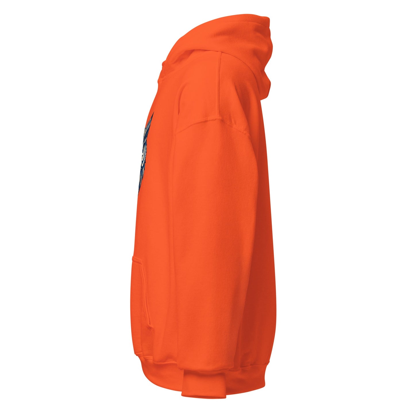 Orange pullover hoodie with hood, side view, ribbed cuffs and hem