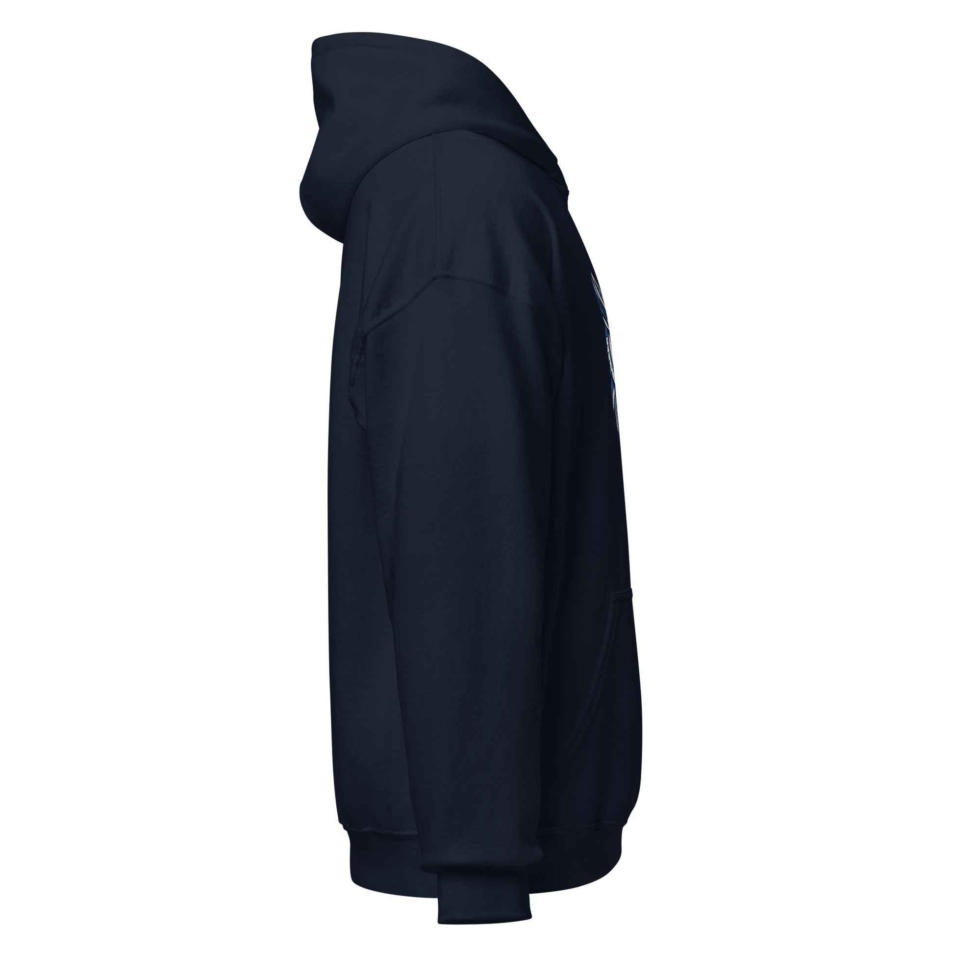 Navy hoodie with kangaroo pocket and drawstring hood, side view.
