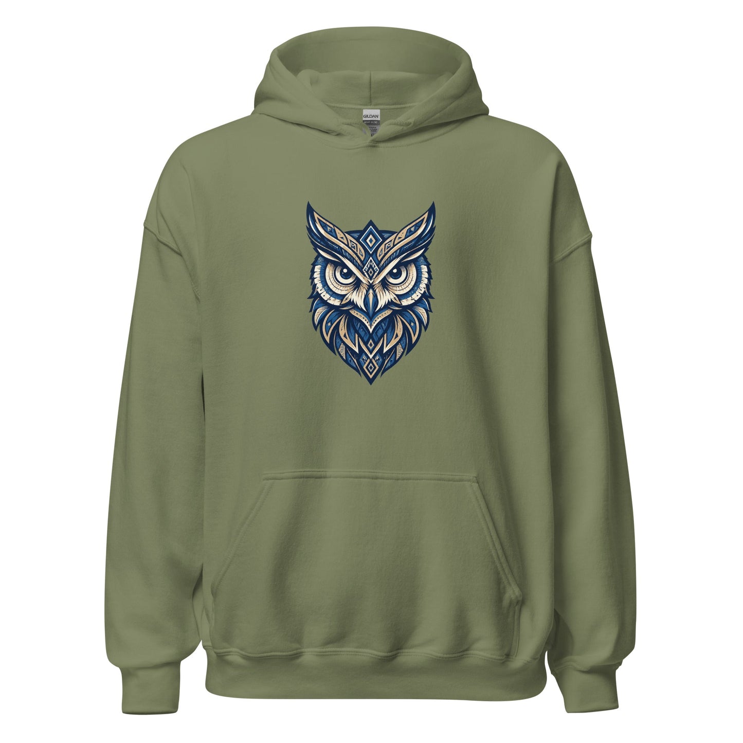 Military green hoodie with front tribal owl graphic, kangaroo pocket and hood