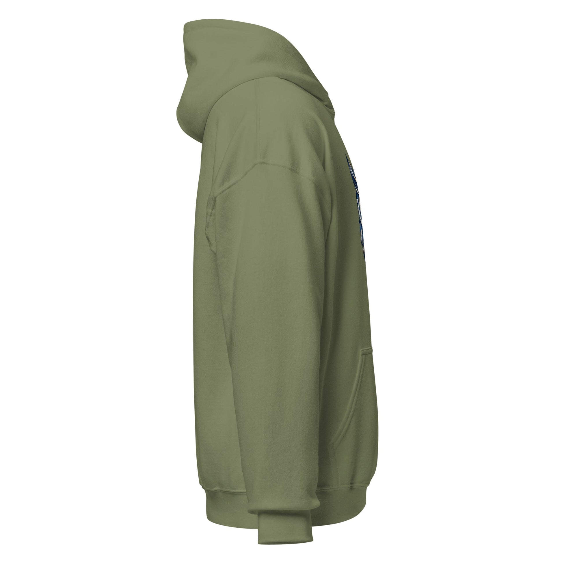 Military green hoodie with kangaroo pocket and drawstring hood, side view.