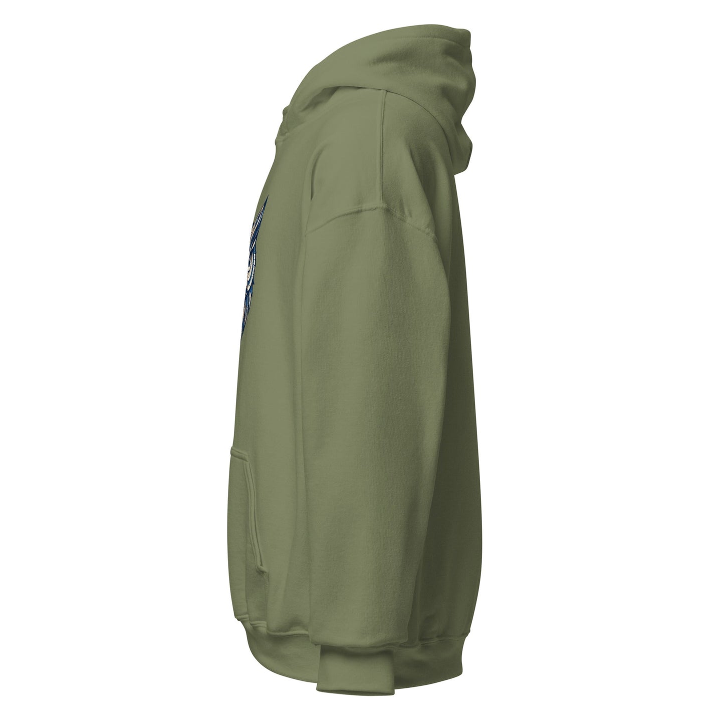 Military green pullover hoodie with hood, side view, ribbed cuffs and hem
