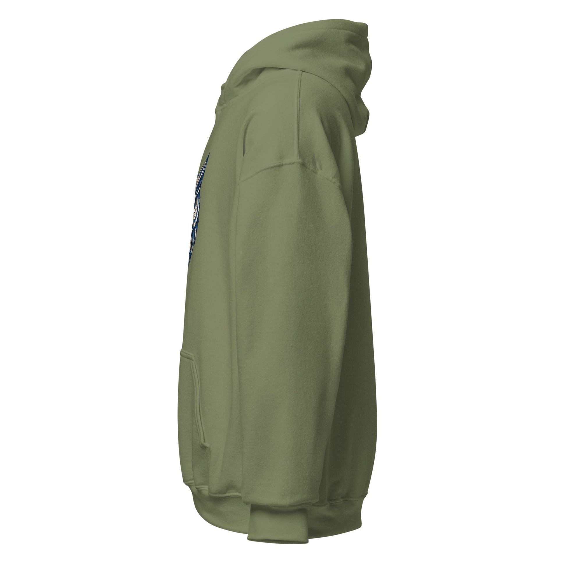 Military green pullover hoodie with hood, side view, ribbed cuffs and hem