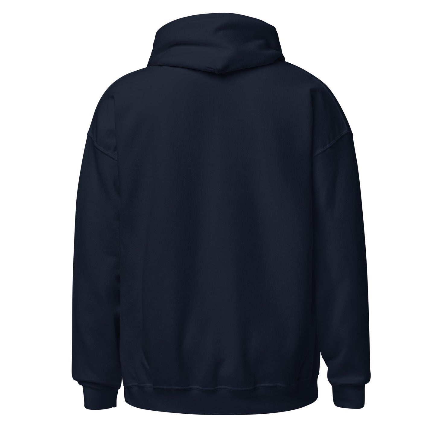 Navy hoodie back view with hood and kangaroo pocket