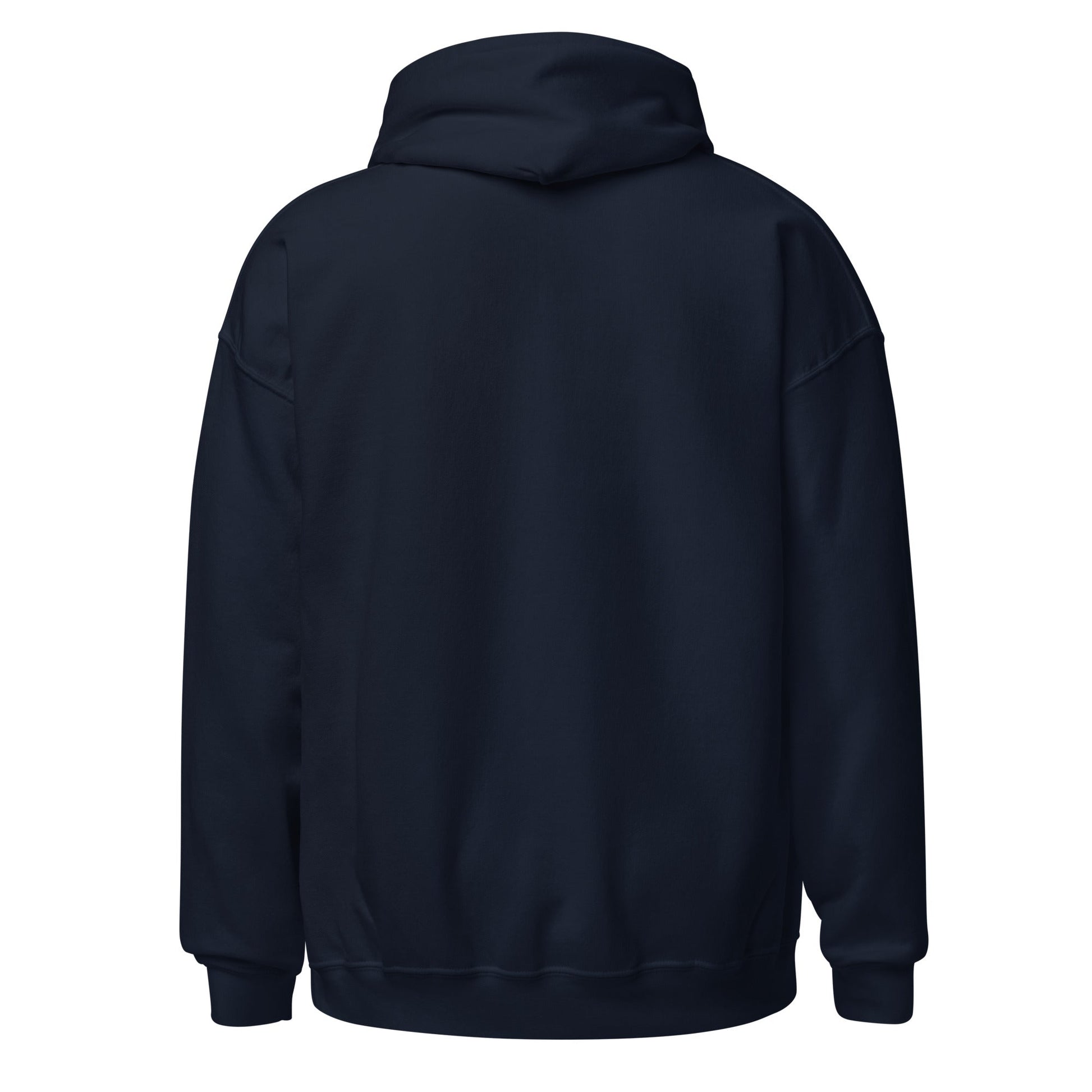 Navy hoodie back view with hood and kangaroo pocket