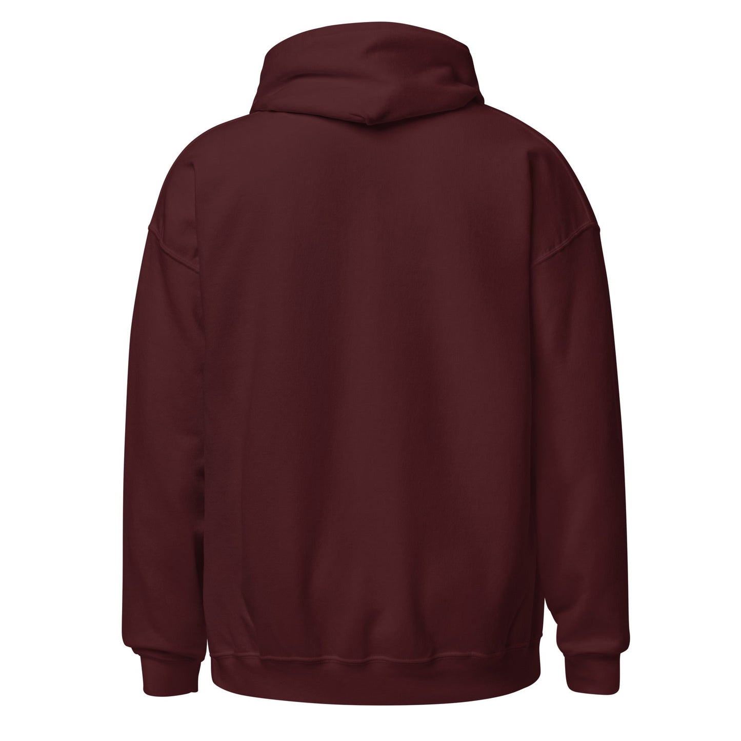 Maroon hoodie back view with hood and kangaroo pocket
