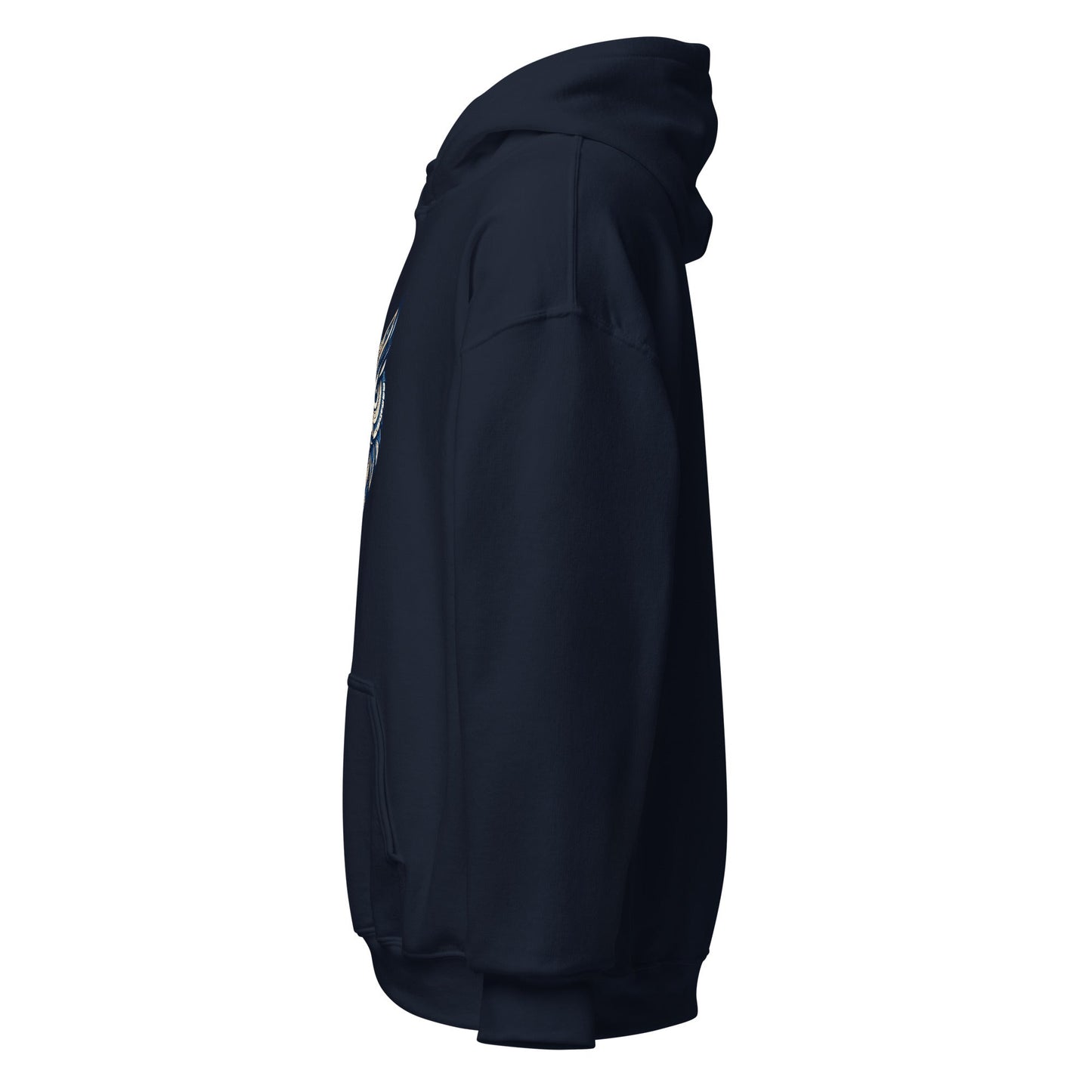 Navy pullover hoodie with hood, side view, ribbed cuffs and hem