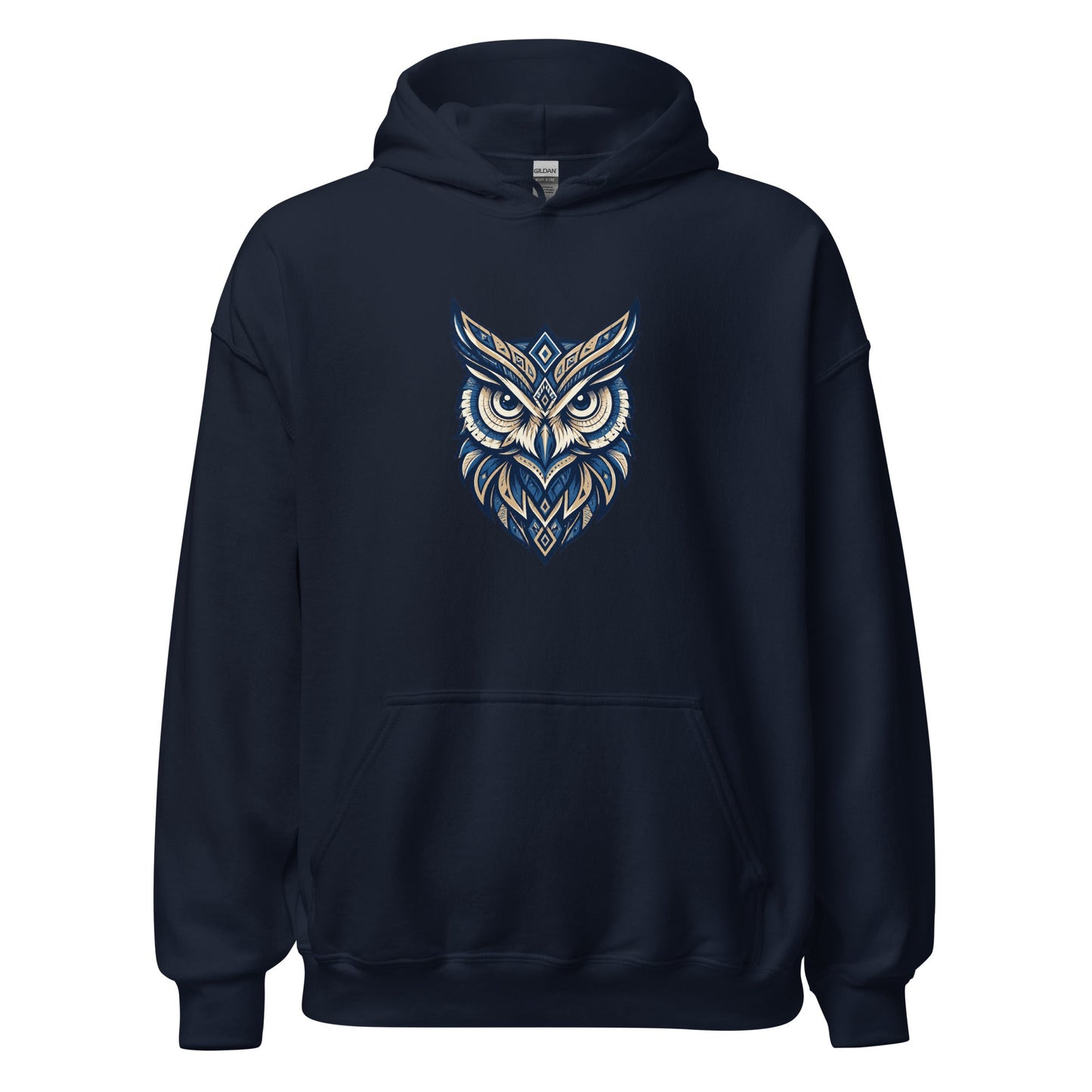 Navy hoodie with front tribal owl graphic, kangaroo pocket and hood