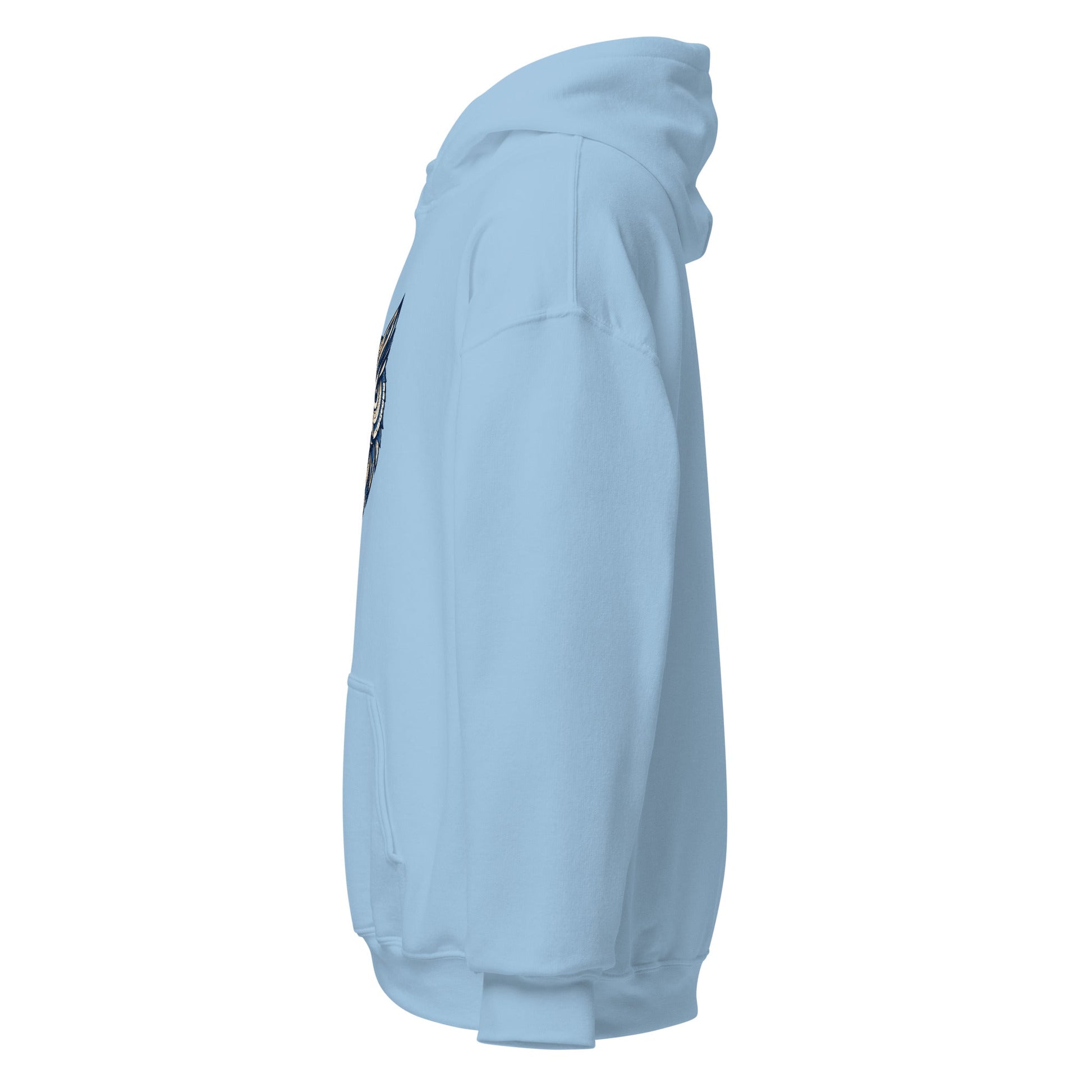 Light blue hoodie with kangaroo pocket and drawstring hood, side view.