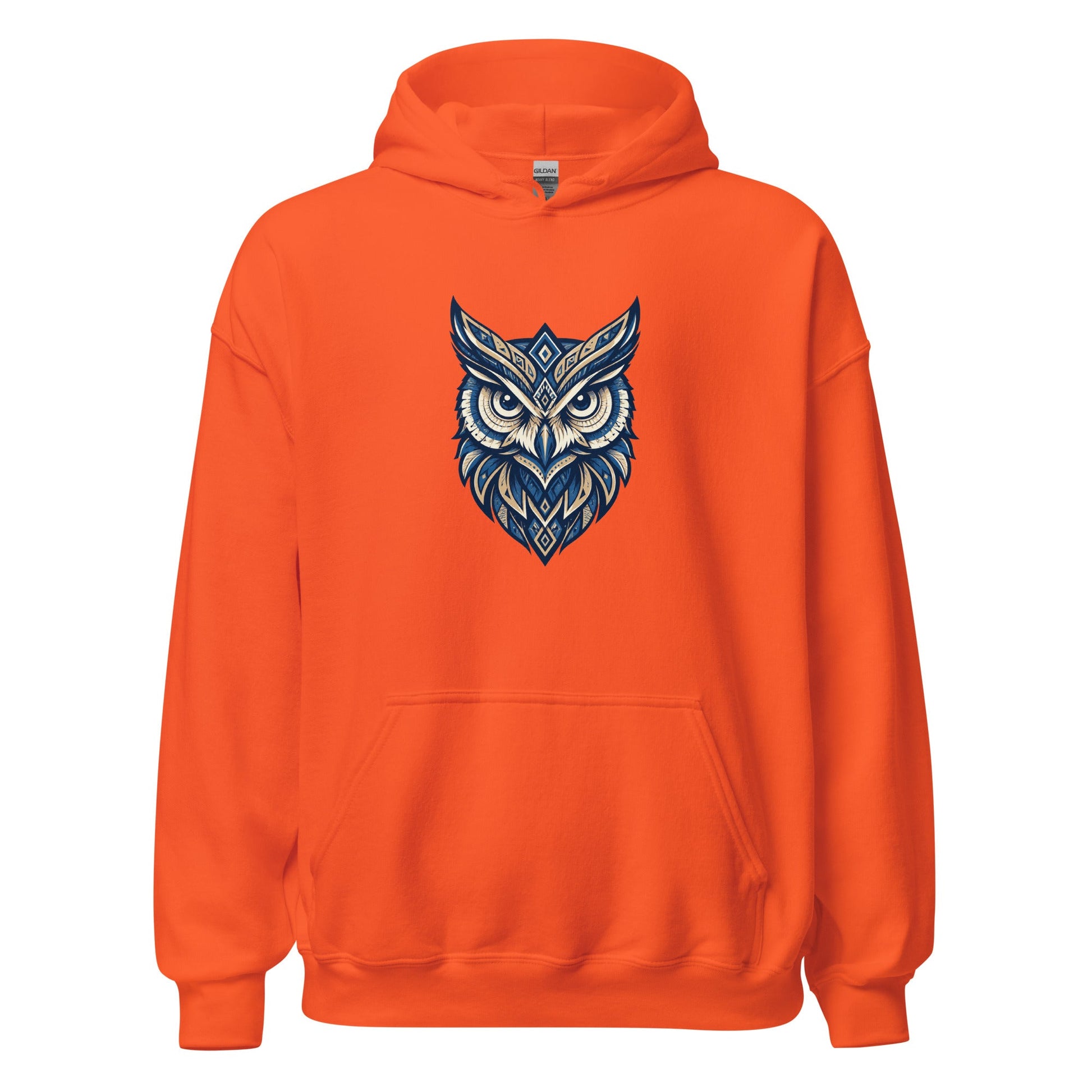Orange hoodie with front tribal owl graphic, kangaroo pocket and hood