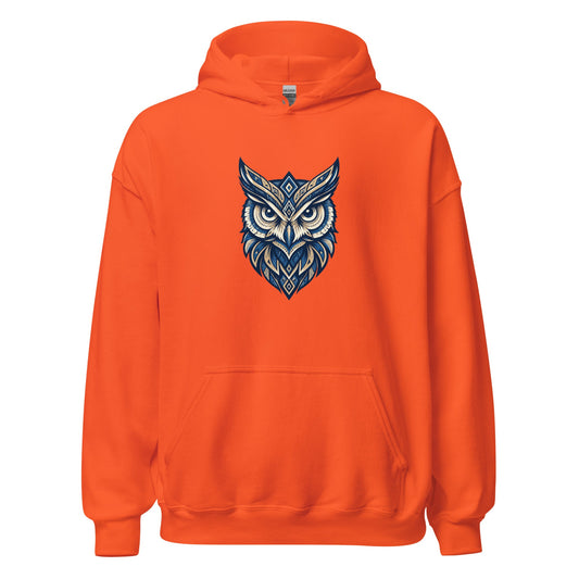 Orange hoodie with front tribal owl graphic, kangaroo pocket and hood