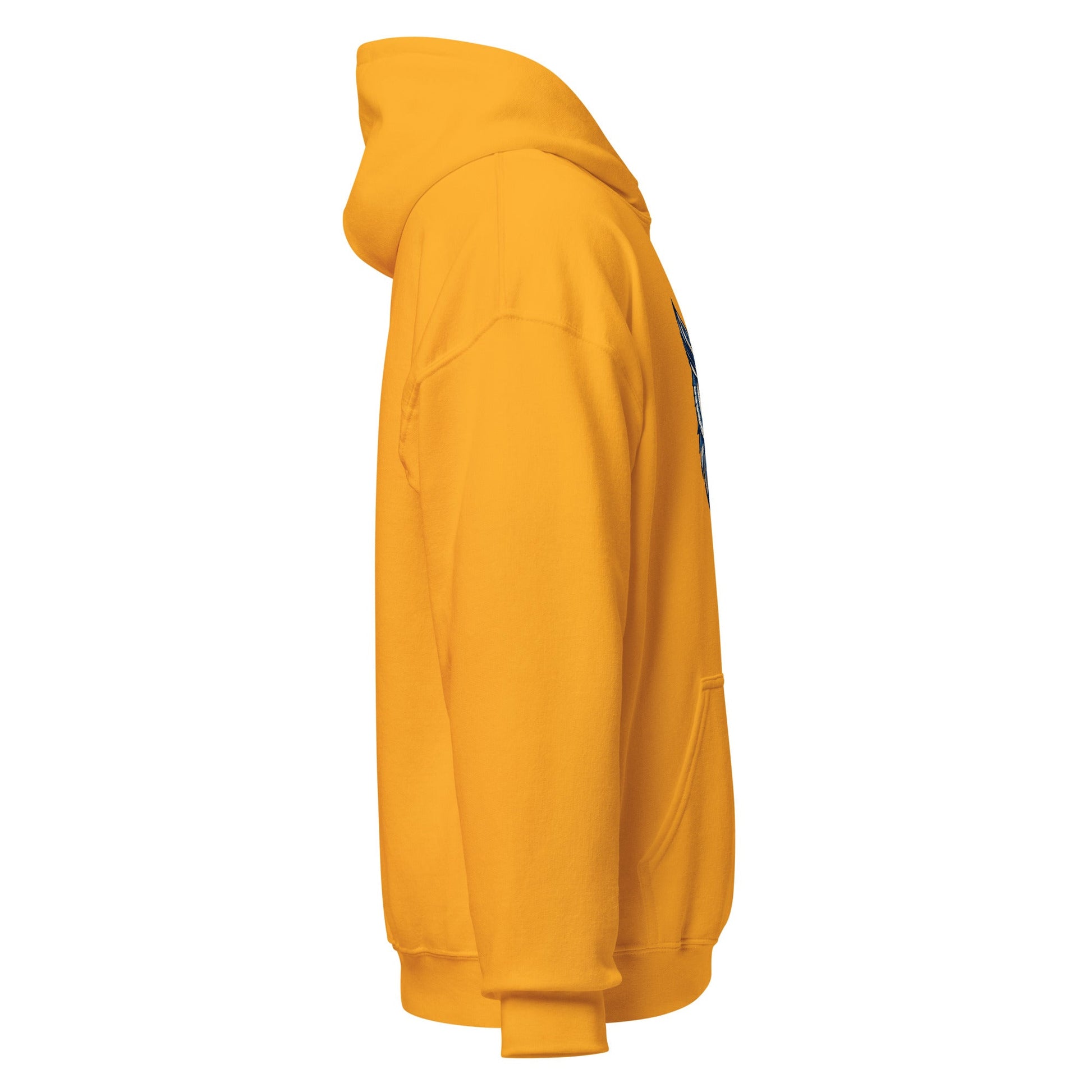 Gold hoodie with kangaroo pocket and drawstring hood, side view.