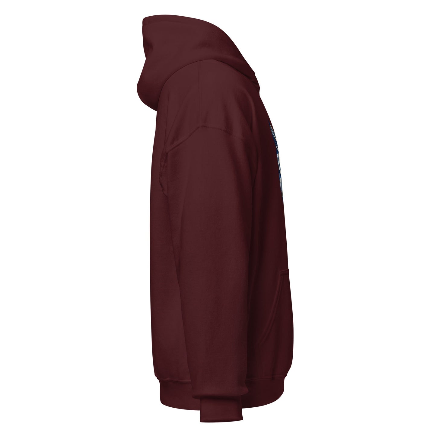 Maroon hoodie with kangaroo pocket and drawstring hood, side view.