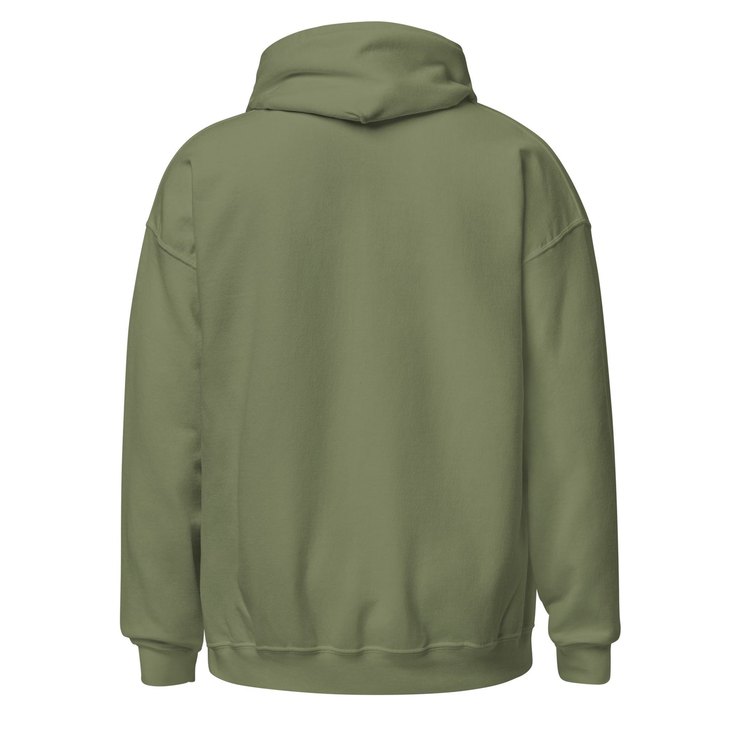 Military green pullover hoodie with hood, plain back view, ribbed cuffs and hem