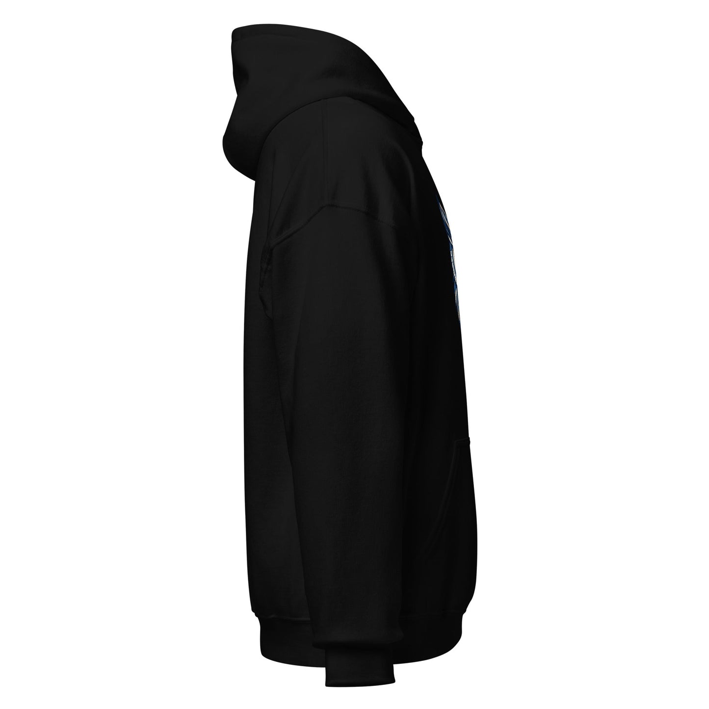 Black hoodie with kangaroo pocket and drawstring hood, side view.