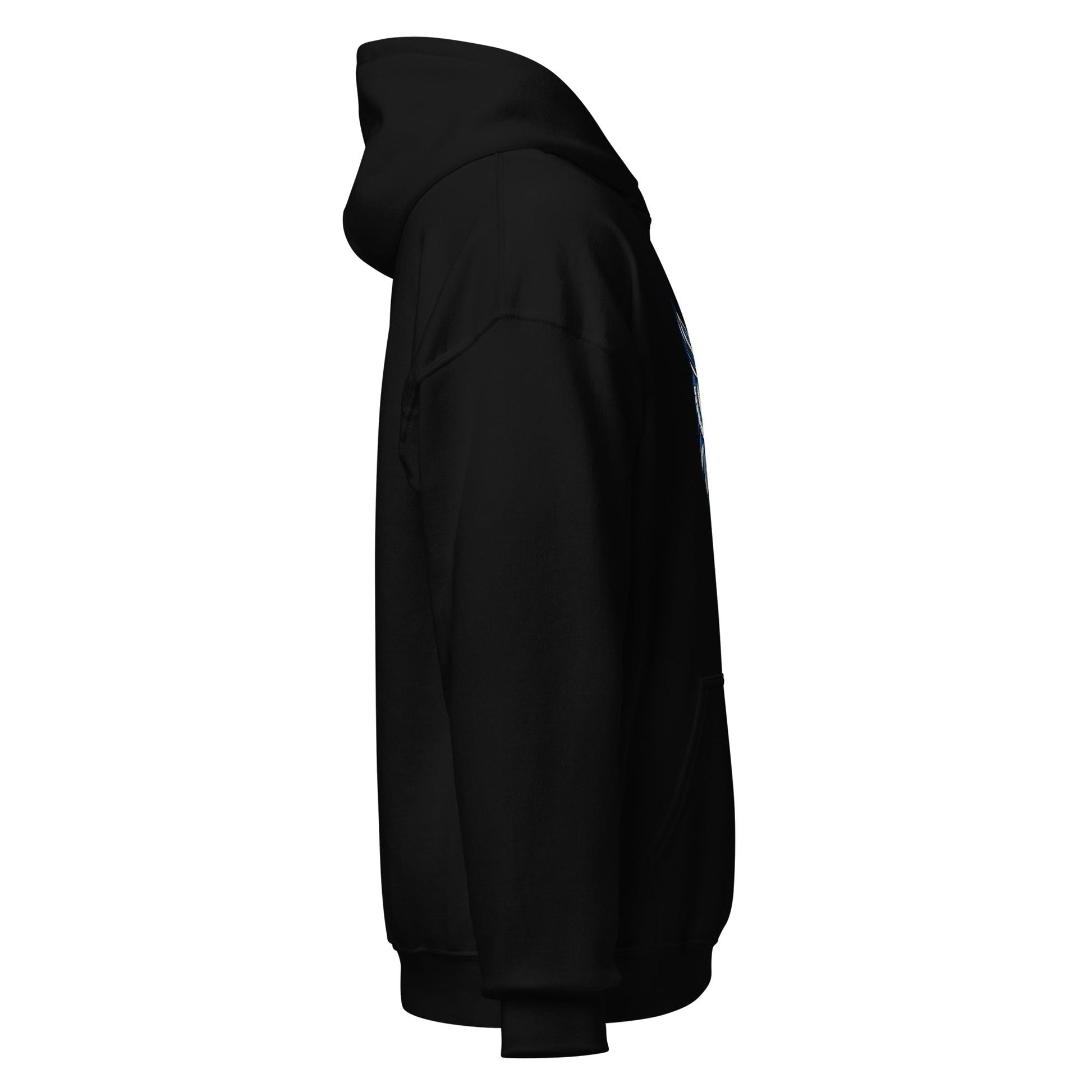 Black hoodie with kangaroo pocket and drawstring hood, side view.