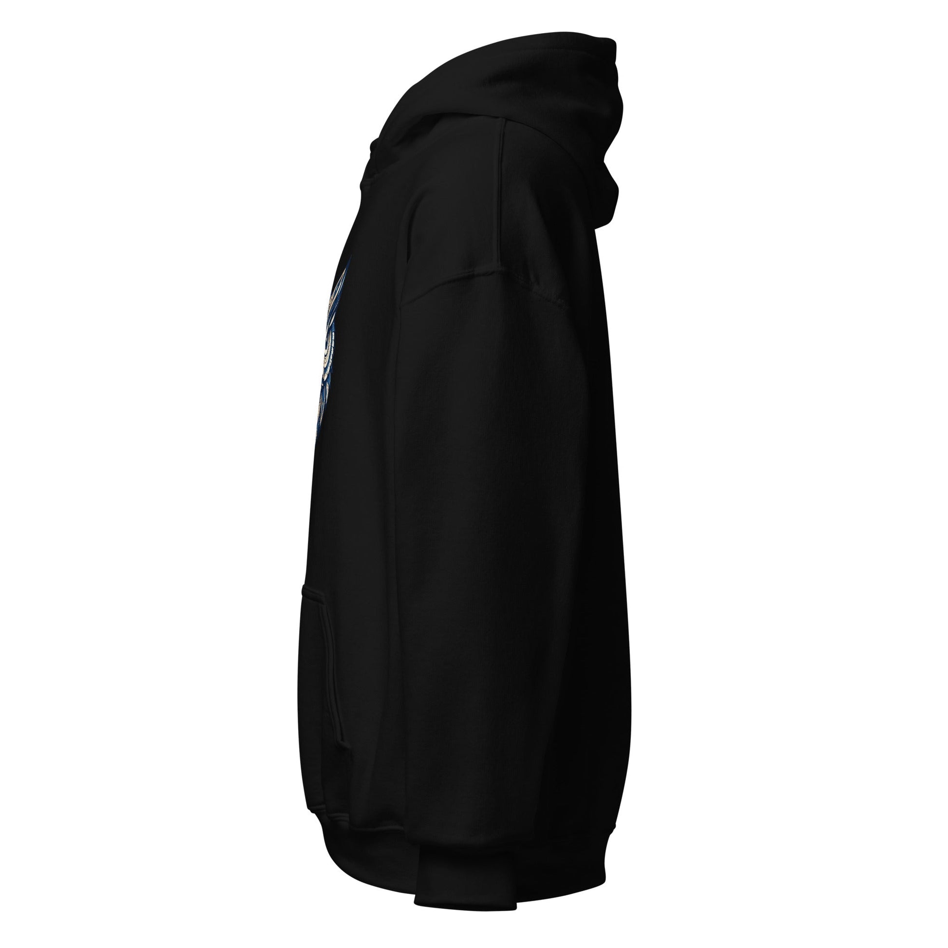 Black pullover hoodie with hood, side view, ribbed cuffs and hem