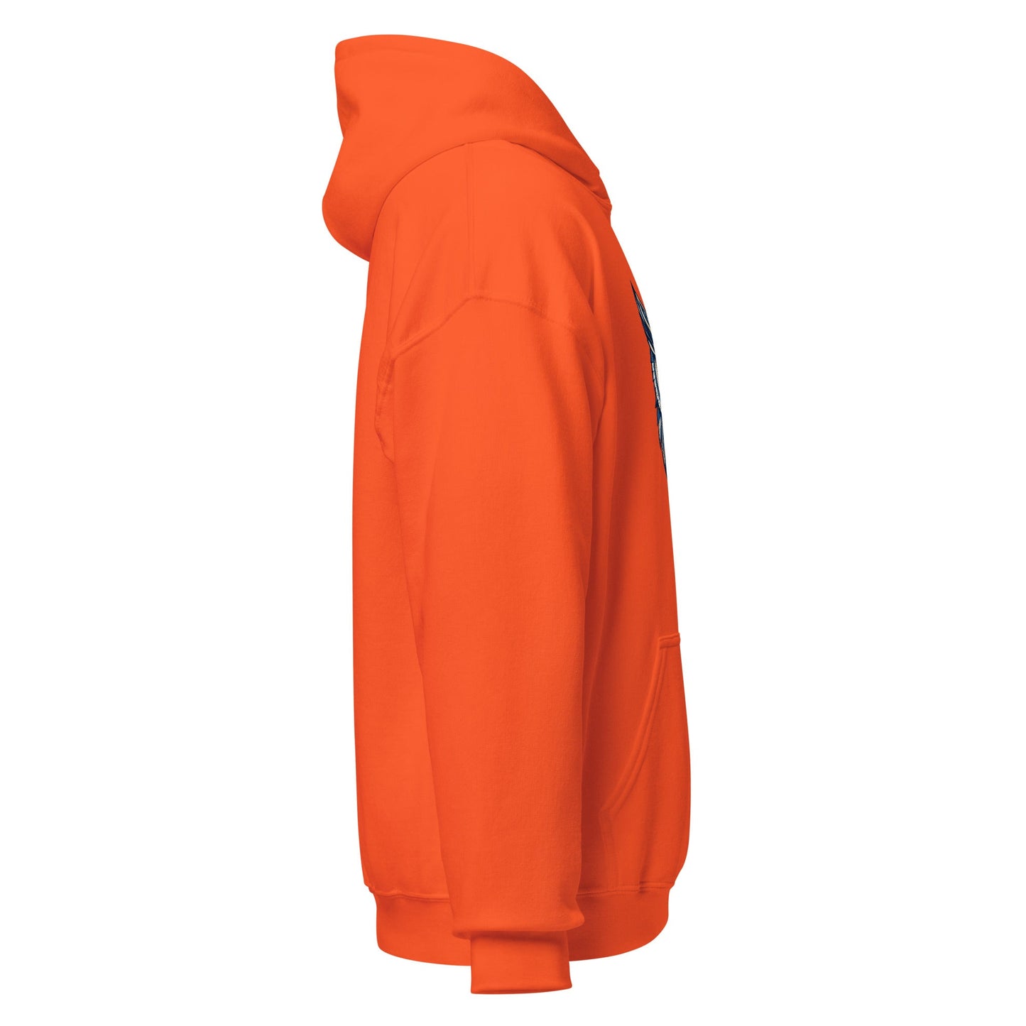 Orange hoodie with kangaroo pocket and drawstring hood, side view.