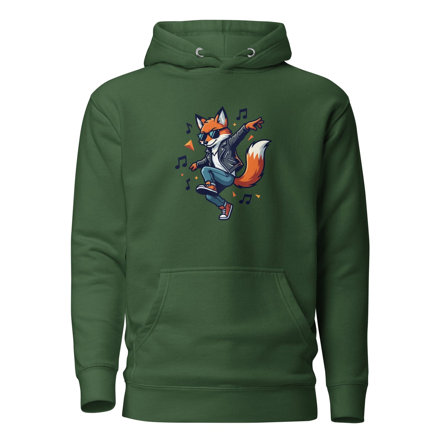 Forest green pullover hoodie with dancing fox graphic and front kangaroo pocket