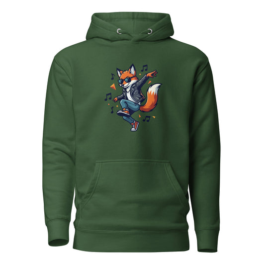 Forest green pullover hoodie with dancing fox graphic and front kangaroo pocket