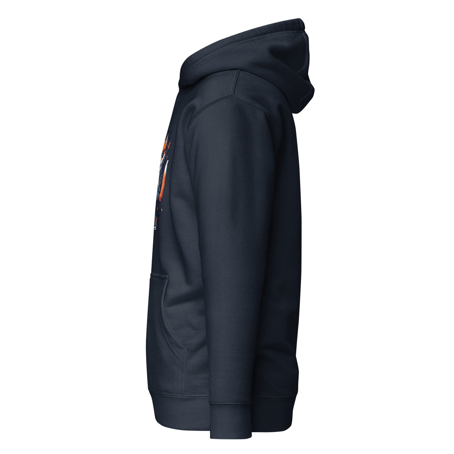 Navy blazer pullover hoodie, side view with fox graphic detail on sleeve