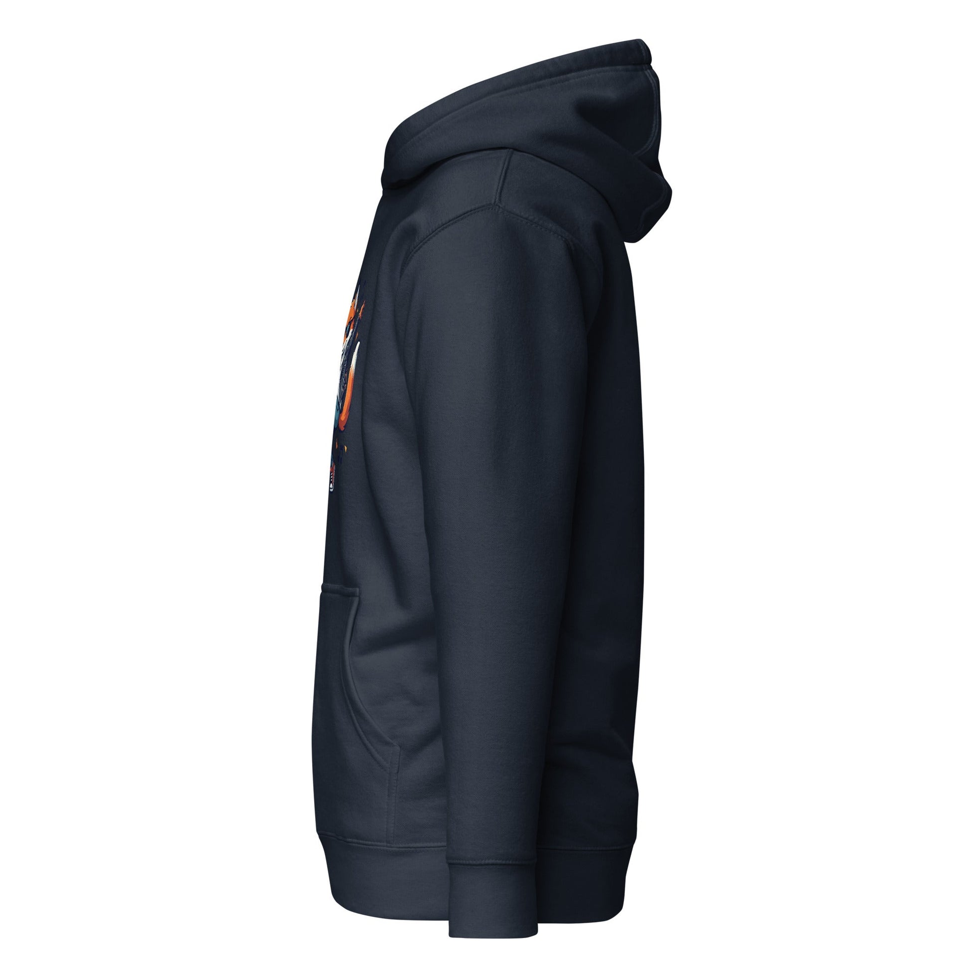Navy blazer pullover hoodie, side view with fox graphic detail on sleeve