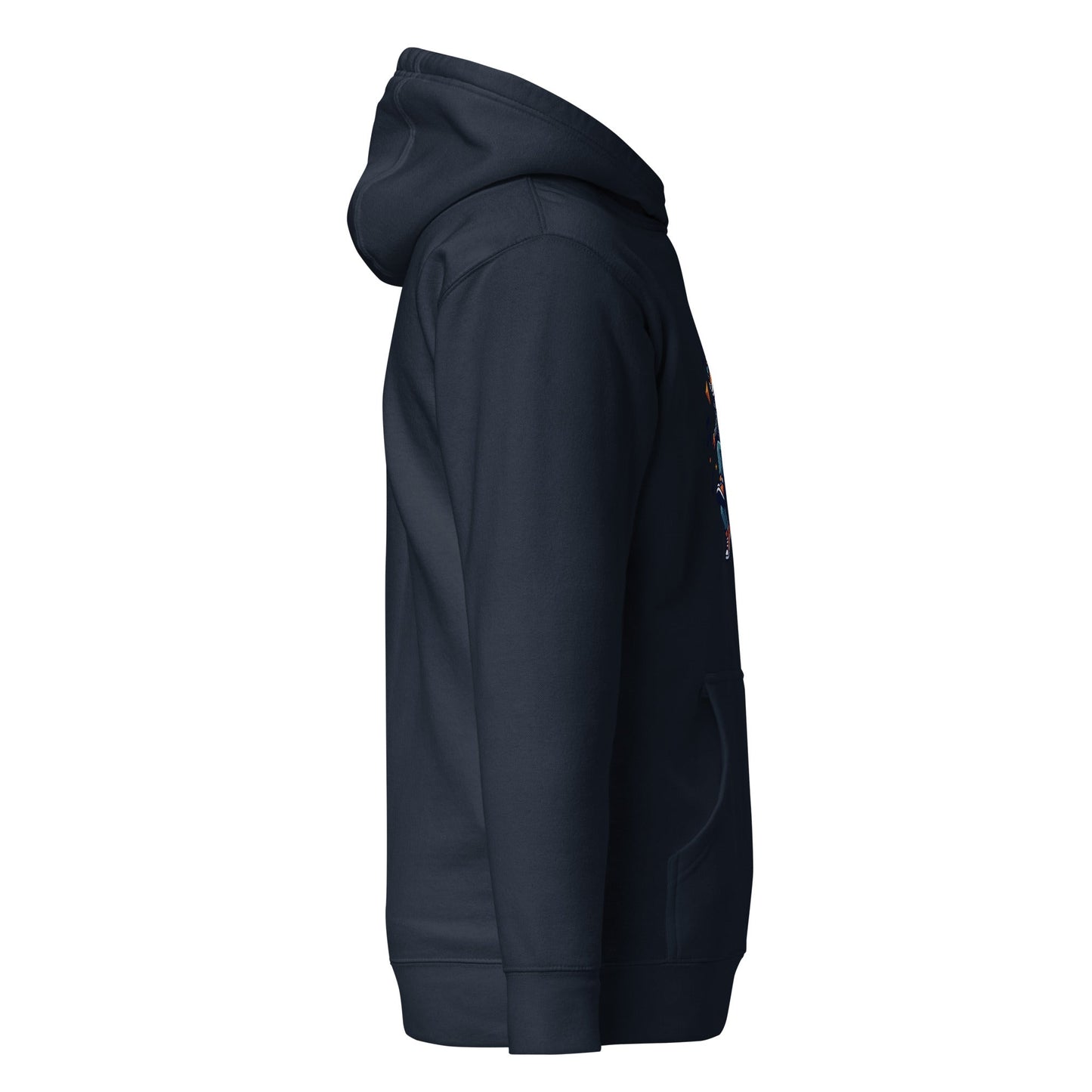 Navy blazer pullover hoodie with hood and fox graphic detail along side