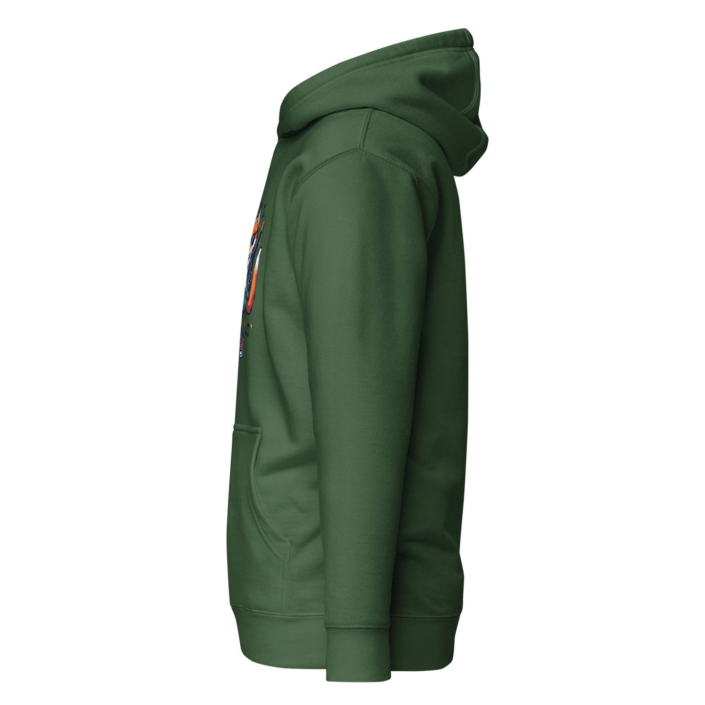 Forest green pullover hoodie, side view with fox graphic detail on sleeve