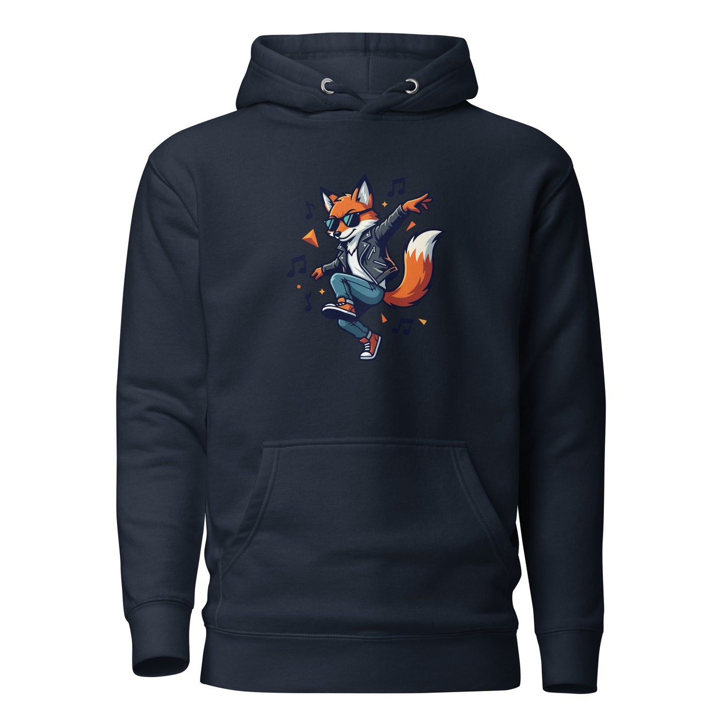 Navy blazer pullover hoodie with dancing fox graphic and front kangaroo pocket